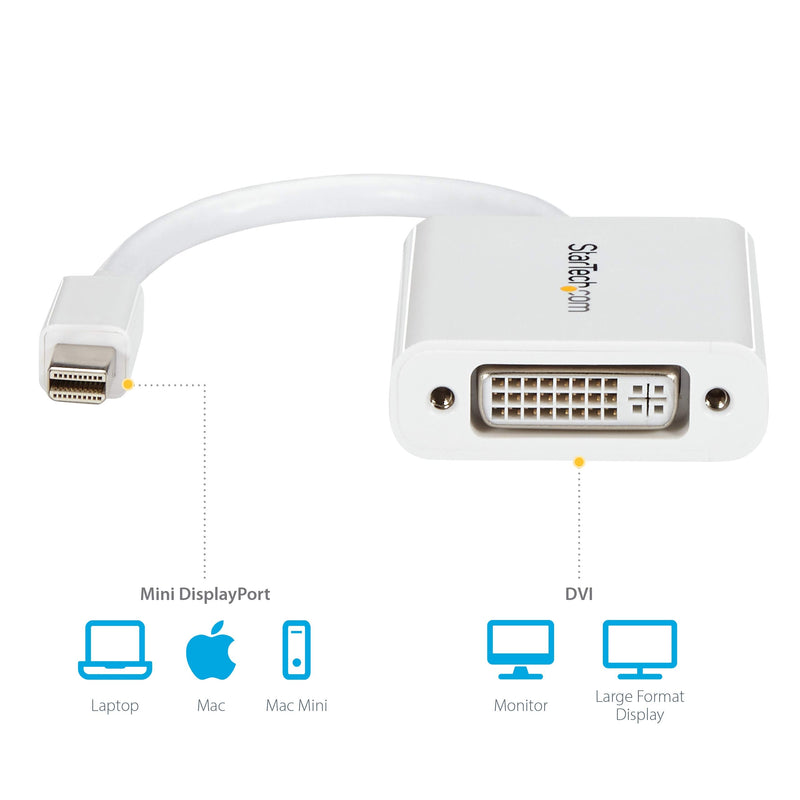StarTech.com Mini DisplayPort to DVI Adapter - Mini DP to DVI-D Converter - 1080p Video - mDP or Thunderbolt 1/2 Mac/PC to DVI Monitor - mDP 1.2 to DVI Single-Link Adapter Dongle - White (MDP2DVIW)