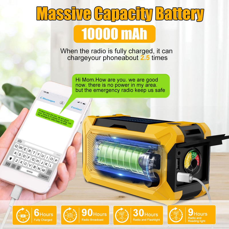 10000mAh Emergency Hand Crank Radio with LED Flashlight, AM/FM NOAA Portable Weather Alert Radio, Solar Powered Radio with Phone Charger, USB Charged, Headphone Jack, SOS Alarm, Compass (Yellow) yellow