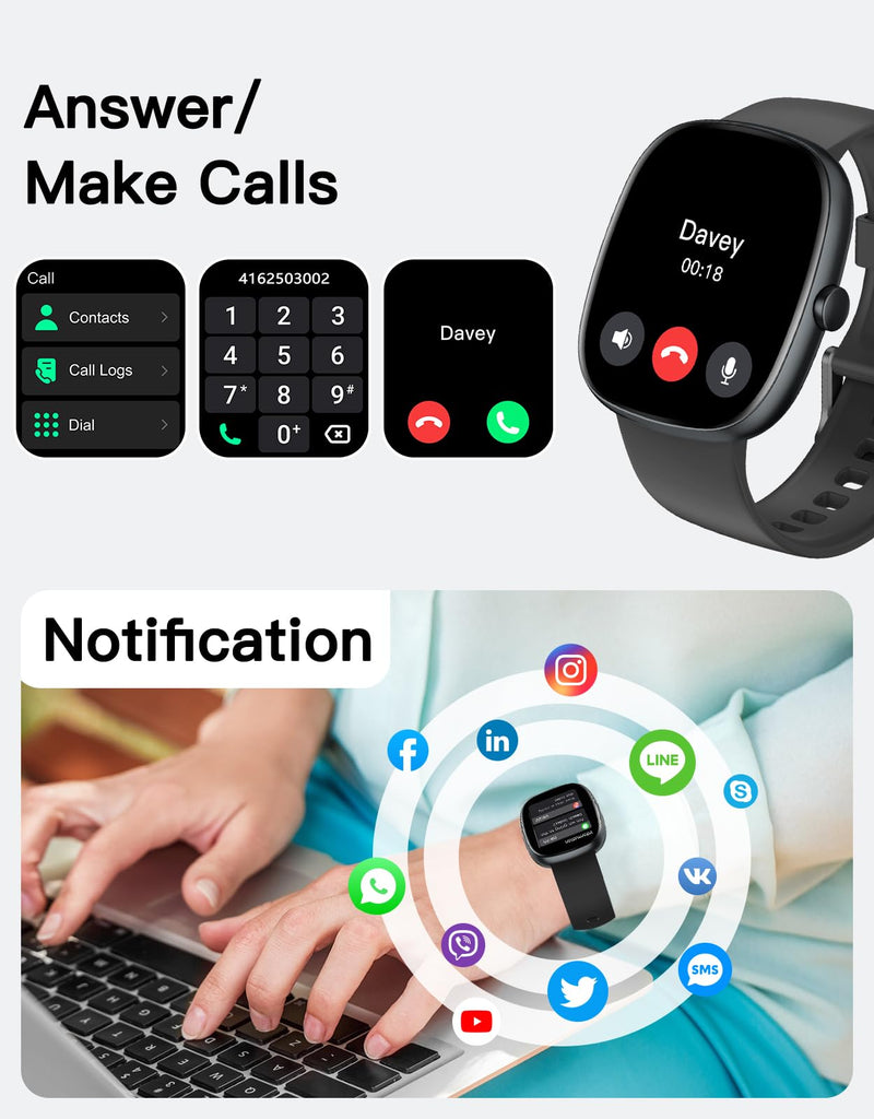 Fitness Trackers for Men Women with Bluetooth Call 24/7 Heart Rate & Blood Oxygen Monitor Sleep Tracker, Steps/Calories Counter Stopwatch/Timer/Alarm Clock, Pedometer for Walking Waterproof Black