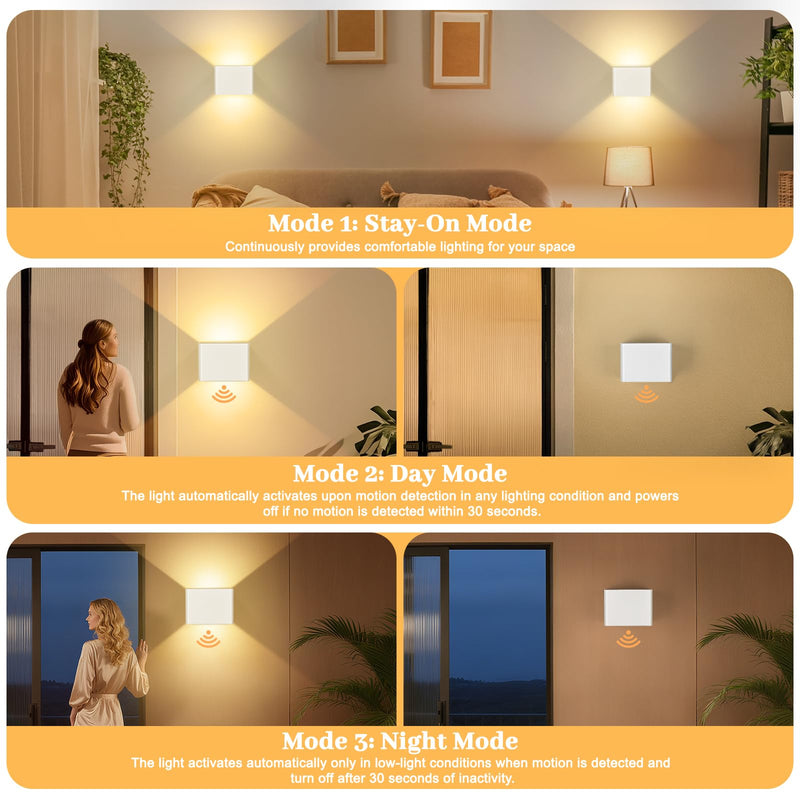[AUSTRALIA] - Yochoice Motion Sensor Wall Light Indoor Set of 2, 6000mAh Wireless Rechargeable Battery Operated LED Sconce Up Down with Touch Remote Control, Battery Powered Magnetic Wall Lamps with 3CCT, White 2-pack 