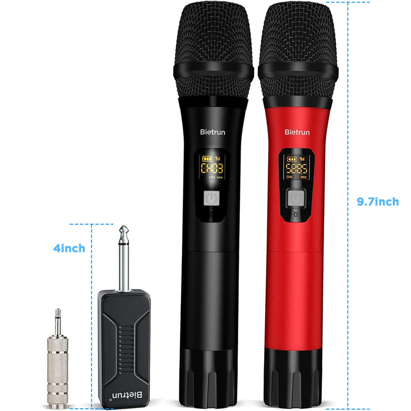 Bietrun Wireless Microphone Dynamic Mic System with Rechargeable Receiver, 1/4" Output, for Karaoke, Church, Speech, Wedding, Party Singing(160 ft Range)-Auto Connect Black Red