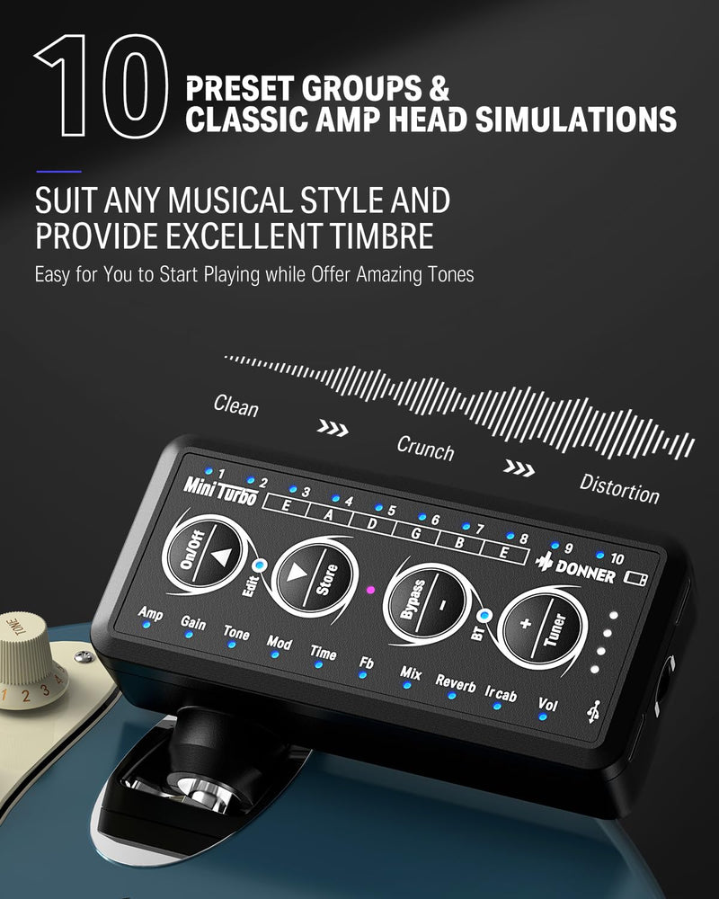 Donner Guitar Headphone Amp Mini Turbo with 10 Amp Models Tuner USB Rechargeable Multi-Effects Delay Reverb Chorus Overdrive Mini Portable Electric Guitar Amp