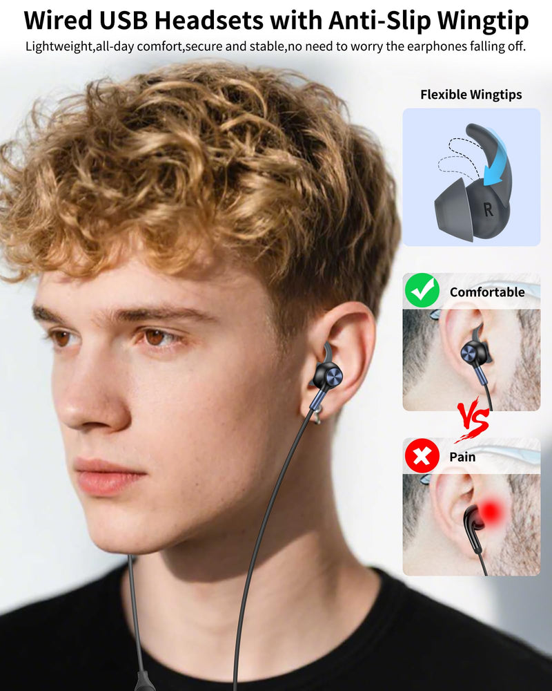 [AUSTRALIA] - USB Earbuds with Microphone for PC Laptop,Wired USB A Headphones with Mic& Earfins Hook for Computer Office Work,7.5ft Noise Canceling Stereo Computer Headset for Dell/HP/Chromebook Game School,Black Black Blue 