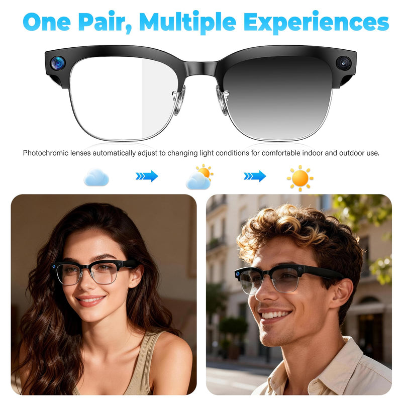 AI Smart Glasses with Camera, 4K EIS, Real-Time Translation | AI Object Recognition, Open-Ear Speakers, AI Voice Assistant, Bluetooth Calling, IP66 Water Resistance, Photochromic Lenses Black Glasses Pouch Included