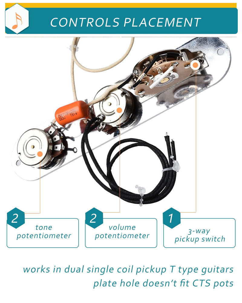 Fully Loaded Guitar Control Plate, Prewired 3-way Blade Switch Large Potentiometers Orange Capacitor, Knurled Volume Tone Controls Knobs Fit for Guitars with Single Coil Pickups, Chrome chrome TL02b