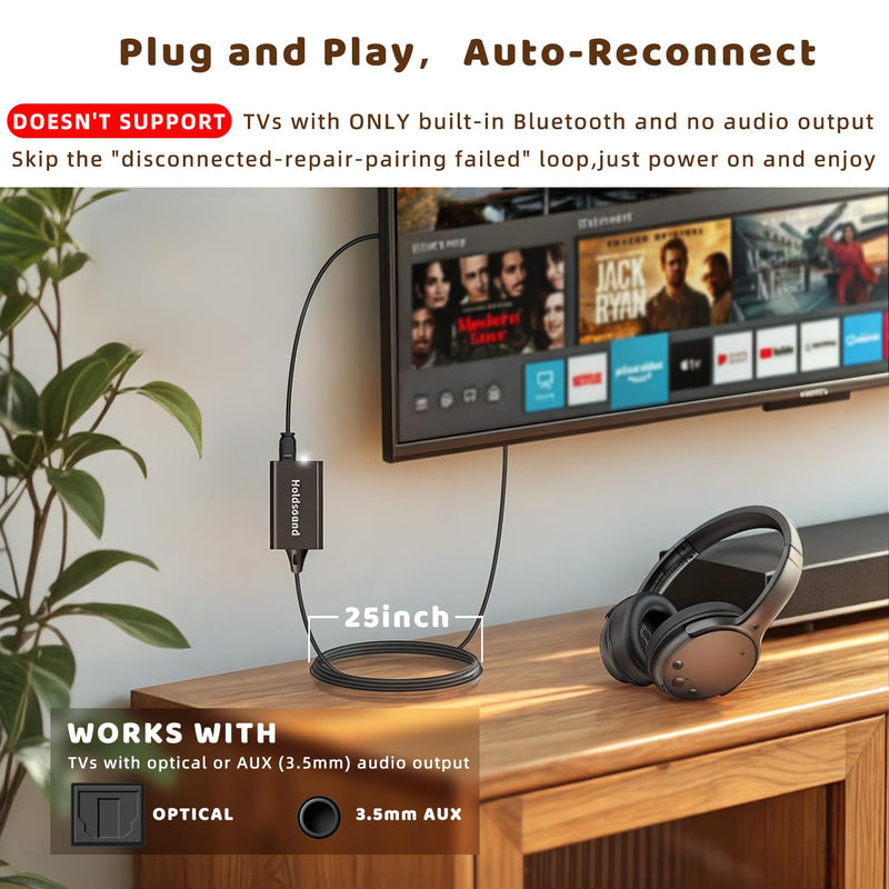 Holdsound Wireless Headphones for TV, TV Headphones Wireless for Seniors with USB Extension Cable Transmitter,Auto-Reconnect, No Lip-Sync Delay, 40H Battery, Plug & Play, Gifts for Elderly Black