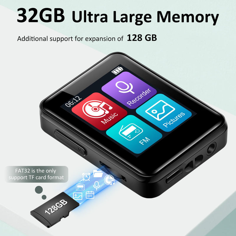 [AUSTRALIA] - 1.8 inch MP3 Player with Bluetooth, 32GB Digital Music Player for Kids, Portable Mini Bluetooth MP3 Player with Speaker Lossless Sound with FM Radio, Voice Recorder, Supports up to 512GB, Black 