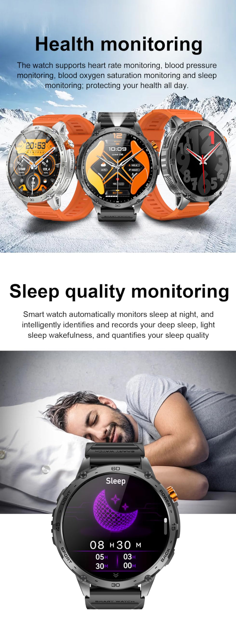 Military Smart Watch, 1.75" Crystal Ultra-Clear AMOLED Display,Spo2 Blood Oxygen Heart Rate Monitor Super Long Standby 730mAh Battery, Bluetooth Calling,LED Flashlight,IP68 Waterproof (Black) Black