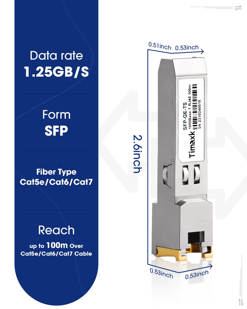Timaxk 1000BASE-T SFP to RJ45 Ethernet Module, 1.25G Gigabit SFP-T Transceiver up to 100m Over Cat 5 Cable,Compatible with Cisco, Ubiquiti, Mikrotik, D-Link, Netgear, Qnap, Linksys and More 1 pack
