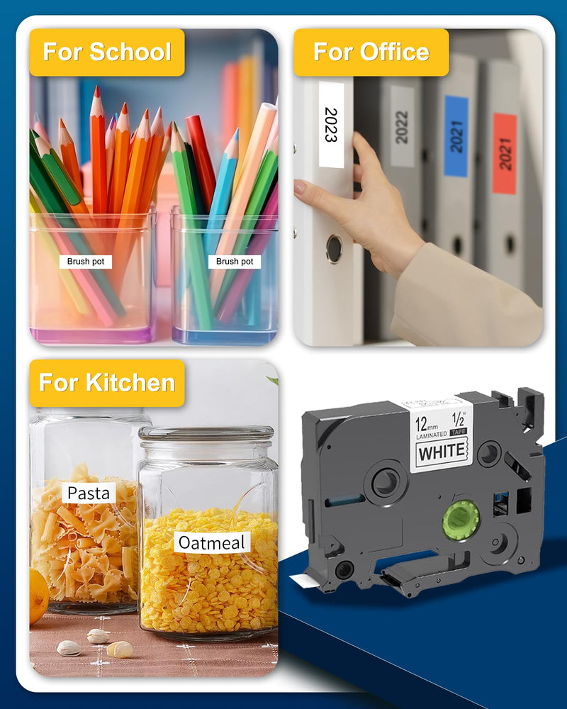 12mm 0.47 Laminated White Label Tape Relpacement for TZe-231 Brother Label Maker Tape, AZe Black on White Label Tape Compatible with Brother P Touch Label Maker PT-D210 PT-H110 PT-D220 PT-D400, 4 Pack