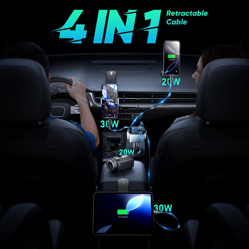 GUSGU 100W Retractable Car Charger, 4-in-1 Fast Car Phone Charger Featuring a 2.6ft Retractable Cord, with Lightning and USB-C Cable Car Charger Adapters, Compatible All Other Phone Models (Silver)