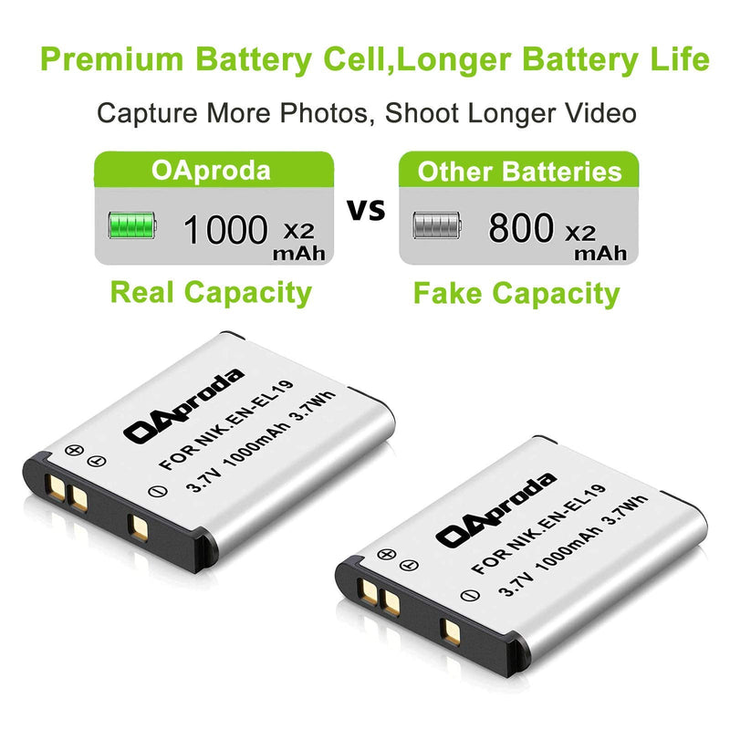 OAproda 2 Pack EN-EL19 Battery and Rapid USB Charger for Nikon Coolpix S32, S33, S100, S2800, S3100, S3200, S3300, S3500, S3600, S3700, S4100, S4200, S4300, S5200, S5300, S6500, S6800, S7000 Camera…