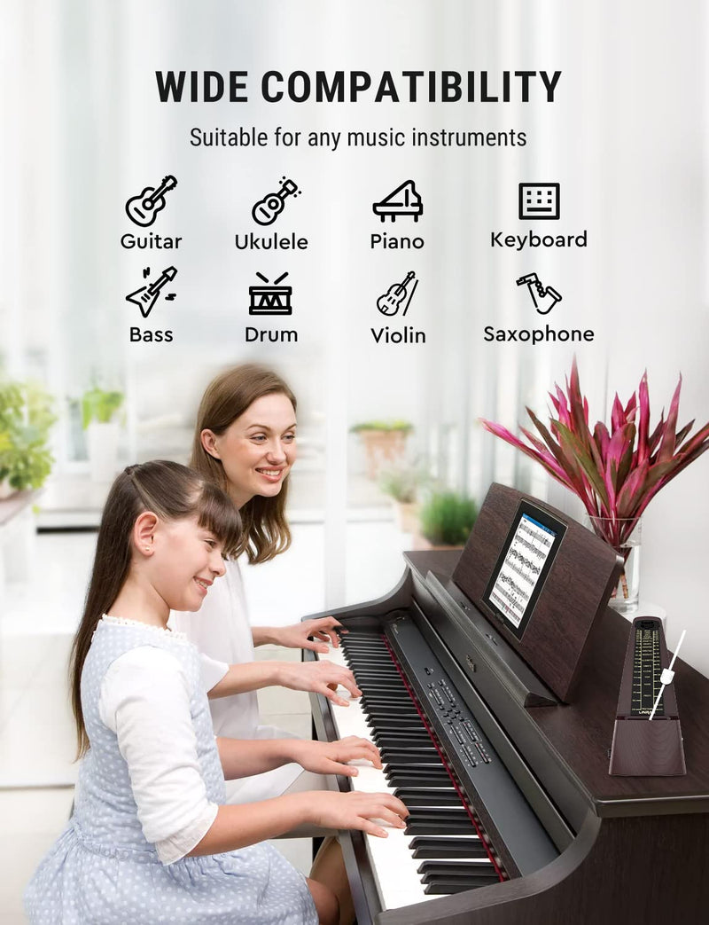 M2 Mechanical Metronome for Piano Guitar Bass Ukulele Drum Violin Cello Saxophone Trumpet and Other Musical Instruments, Track Tempo and Beat, Loud Sound, High Precision, Wood Grain M2