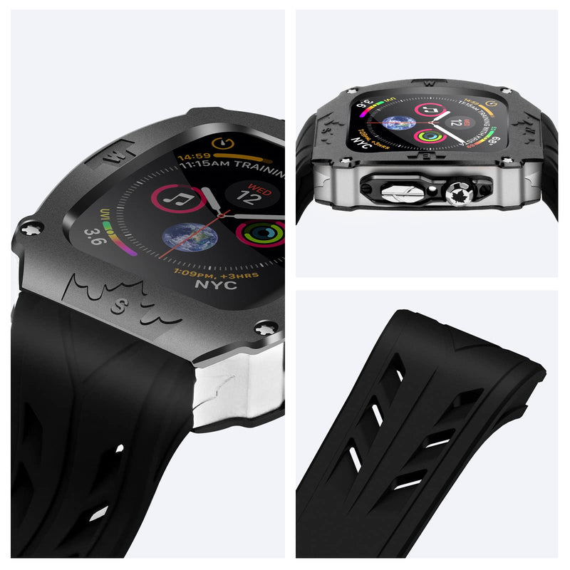 Luxury Metal Case for Apple Watch 9 8 7 45mm 6 44mm Band with Cover Heavy Duty Rugged Case Silicon Strap for men iWatch 6 5 4 SE 44mm Full Protective Cover (Black-Silver) Black-Silver 44/45