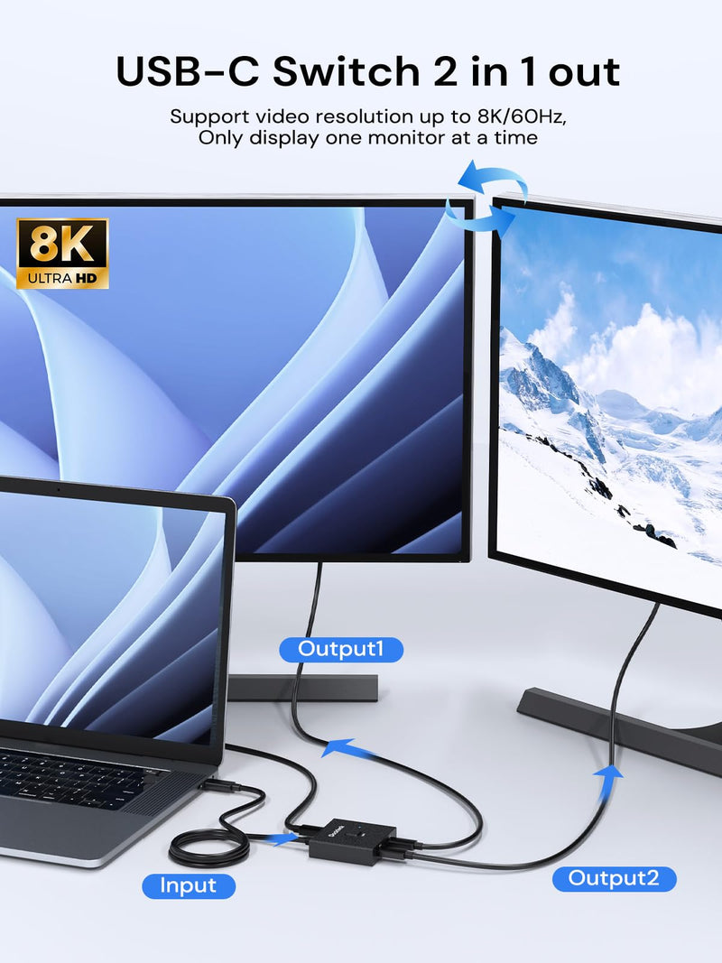 Dockteck USB C Switch, Bi-Directional Switcher，1 in 2 Out/2 in 1 Out with 10Gbps Transfer Speed and 100W PD Charging,USB Switch with 4K@60Hz,1.9FT USB-C Cable for Printer, Laptop,Scanner