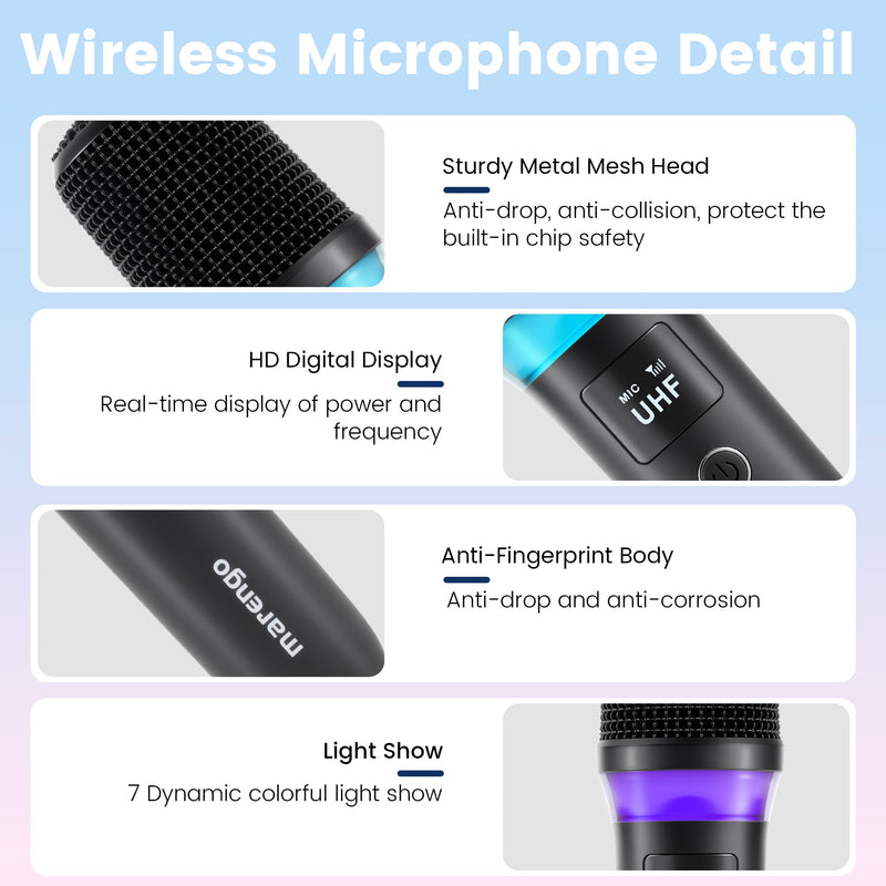 Wireless Microphones, Rechargeable Cordless Karaoke Microphone with One-to-One Chip Connection, LED Lights, 40H Duration, 200FT, Handheld Bluetooth Microphone Wireless for Singing,Speech,Church,Party