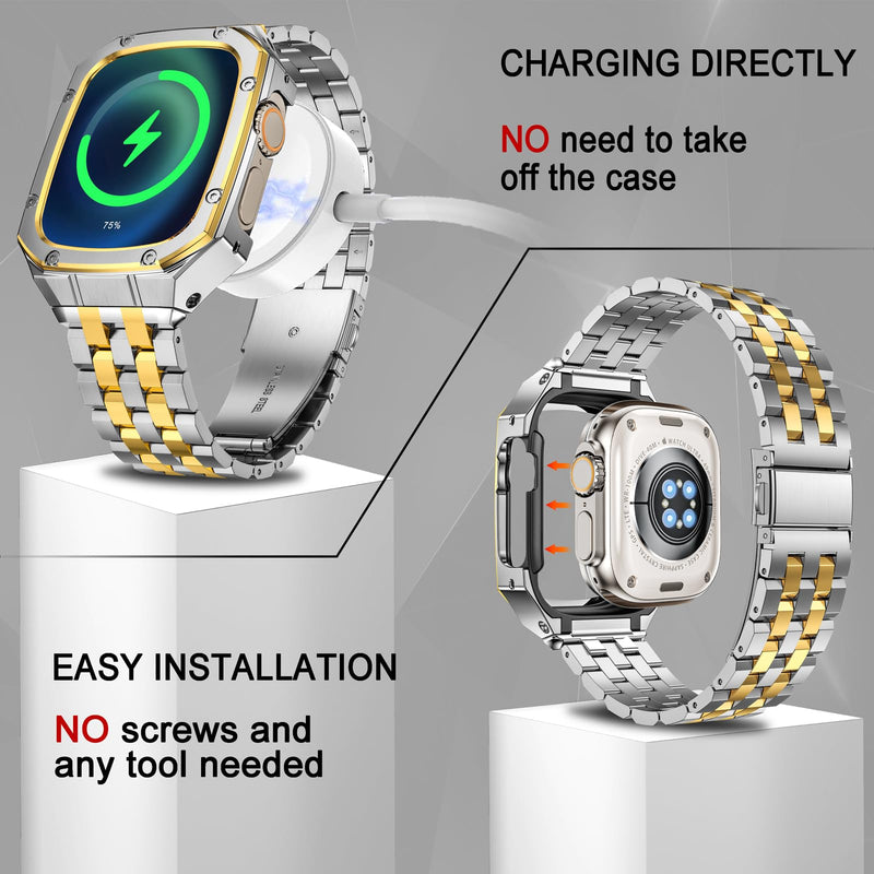 MioHHR Metal Band with Case Compatible with Apple Watch 49mm Band for Men | Rugged Metal Bumper Cover with Bands for iWatch Series Ultra 3, Ultra 2, Ultra 1, Silver/Gold Silver/Gold (Ultra) 49mm(Ultra 3/2/1)