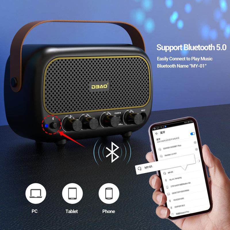 Mini Guitar Amplifier for Electric Guitars 5W Two Speakers Rechargeable Portable Small Amplifier with Clean Overdrive Effects and Bluetooth
