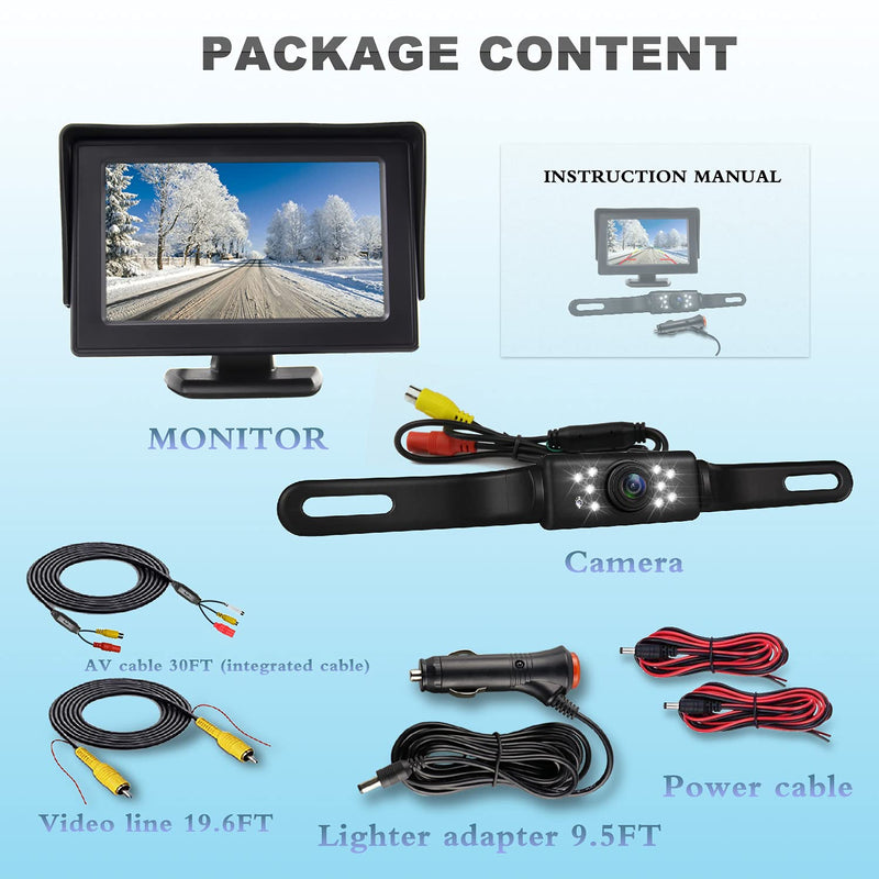 JPP HD Backup Camera and Monitor Kit - 4.3" IPS FHD Color Display, Waterproof Night Vision License Plate Reverse Camera for Car/RV/Truck/Pickup