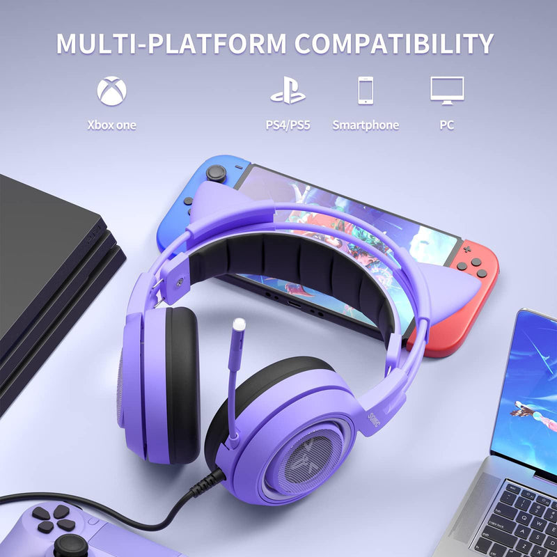 [AUSTRALIA] - SOMIC G951S Purple Stereo Gaming Headset with Mic for PS4, PS5, Xbox One, PC, Phone, Detachable Cat Ear 3.5MM Noise Reduction Headphones Computer Gaming Headphone Self-Adjusting Gamer Headsets 