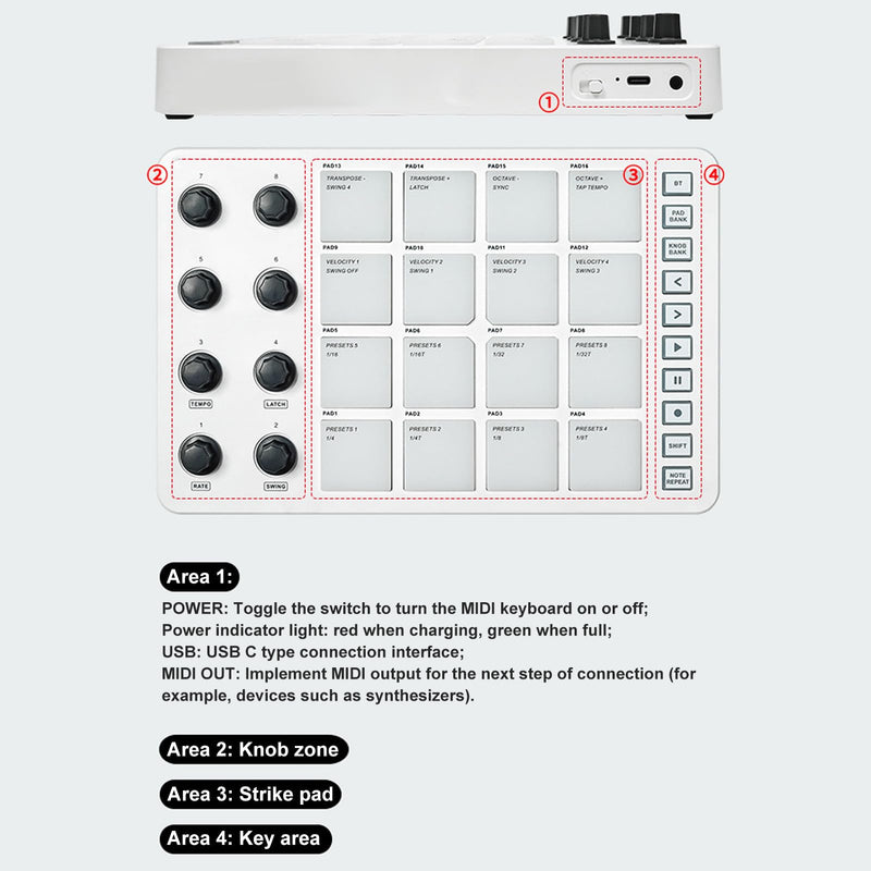 MIDI Pad Controller, Portable SMC PAD Bluetooth MIDI Controller with 16 RGB Backlit Pads, 8 Assignable Knobs, Note Repeat, Full Level Buttons, 3.5mm MIDI Output