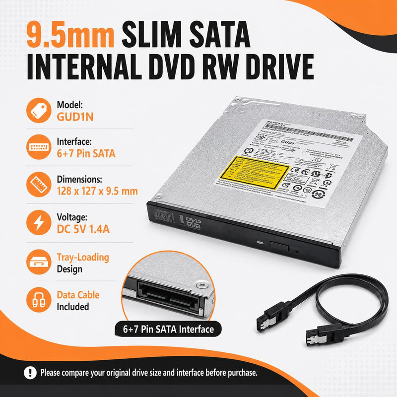9.5mm SATA Internal DVD RW Drive, GUD1N Optical Drive | GUD1N slim tray-loading CD DVD burner writer, 8X DVD and 24X CD speed, M-DISC support, data cable included; not 12.7mm Thin‌