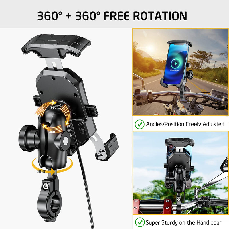 iMESTOU Anti-Theft Motorcycle Wireless Phone Mount Charger 15W & USB C 3A Handlebar 1" Ball Phone Holder Works with 12V/24V Vehicle/USB A Socket 720 Rotation Quick Charge for 4.0-7.0" Cellphones Double Socket Arm-Wireless & USB C Charge