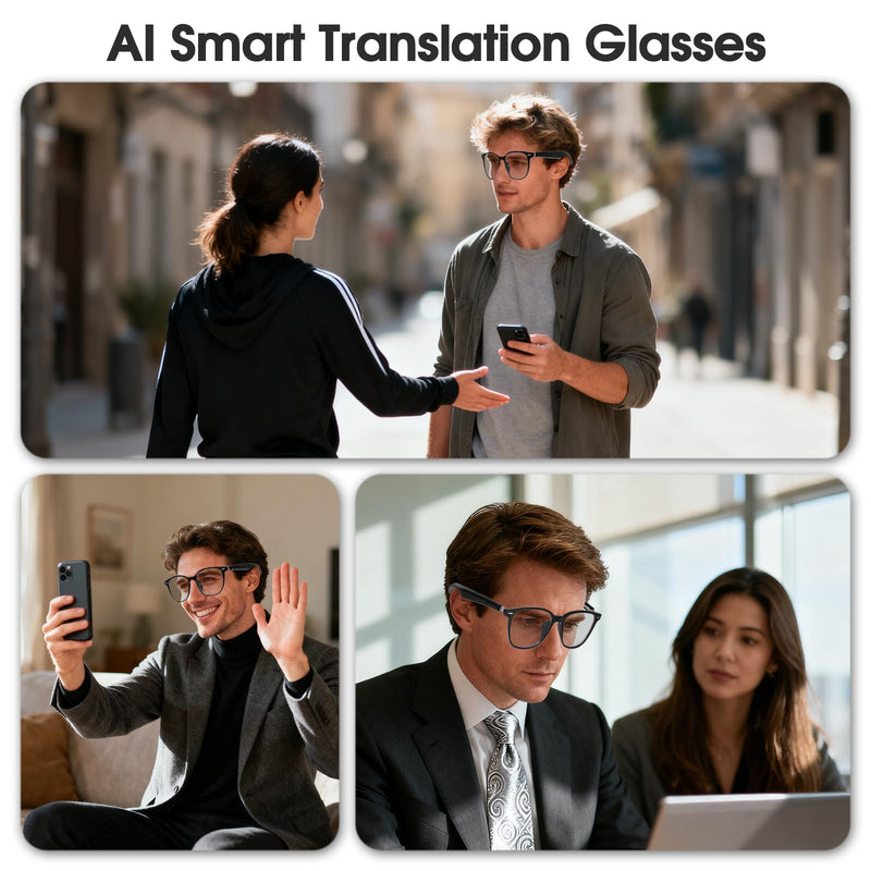 Smart Bluetooth Glasses for Men/Women,Open-Ear Audio (Black/Transparent) | Sunglasses,Real-Time Translation,Blue Light/UV400 Protection,Hall Induction Switch,for Work,Travel,Business,Daily Black Frame/Transparent Lens