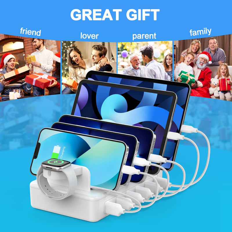 CREATIVE DESIGN Charging Station for Multiple Devices,50W 6 Ports Charging Dock with 6 Cables Compatible with Cellphone,Tablet, Kindle, Apple Watch and Other Electronic White