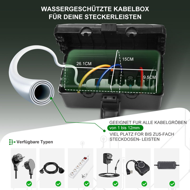 Waterproof Cable Box, Garden Cable Box, Waterproof for Outdoor Use, IP54 Safe Box, Safety Box, Weatherproof Cable Box, Extension Cable Covers, Protect Socket, Timer, Plug mittelgroß