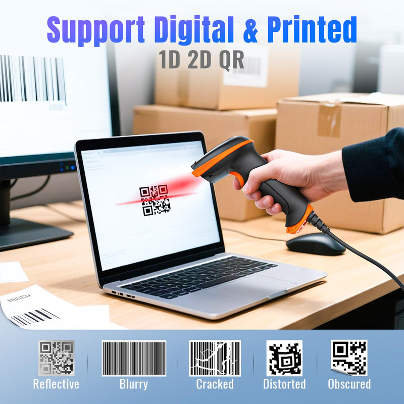[AUSTRALIA] - Tera Upgraded USB 1D 2D QR Barcode Scanner Wired, Officially Certified Dustproof Shockproof Waterproof IP65 Ergonomic Handle Fast and Precise Scan for Windows Linux Plug and Play Model D5100Y 2D Wired 