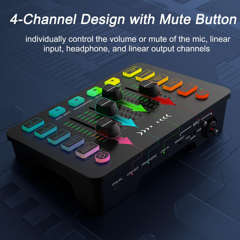 Streaming Audio Mixer, Arector All-in-One Gaming/Broadcasting Mixer with 48V Phantom Power,Mute Button,Volume Fader,XLR Microphone Interface, for PC,Live Streaming, Podcasting Recording