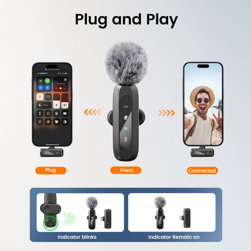 Wireless Lavalier Microphone for iPhone iPad,Mini Microphone for iPhone with Noise Cancelling,lapel microphone wireless for Content Creator Video Recording, Streaming, Vlogging (Lighting Only)