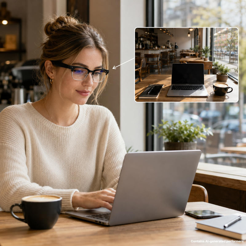 Smart Camera Glasses, 8MP POV Video and Bluetooth Audio,Bluelight | 8MP POV recording with blue light lenses, WiFi transfer and open-ear audio for work, commuting and everyday moments. White