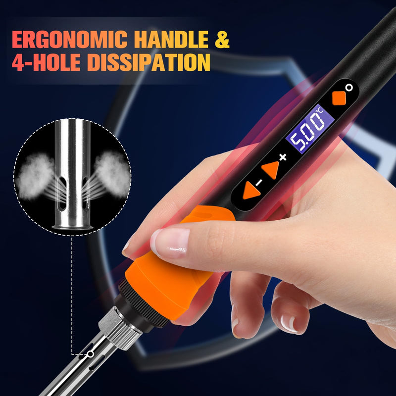[AUSTRALIA] - Soldering Iron, 90W Soldering Kit, LCD 12-in-1 Soldering Tool, Adjustable Temperature 200-500°C, with 5 x Replaceable Soldering Iron Tips, Desoldering Wire, Lead-Free Soldering Wire, Desoldering Pump, Orange Colour. 