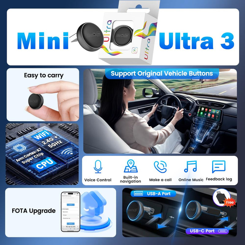 Carlinkit MINI Ultra 3 Wireless CarPlay Adapter for OEM Android Auto 2-in-1 | The Smallest Looks - The Simplest to use - For OEM CarPlay, Wired CarPlay/Android Auto to Wireless CarPlay/Android Auto