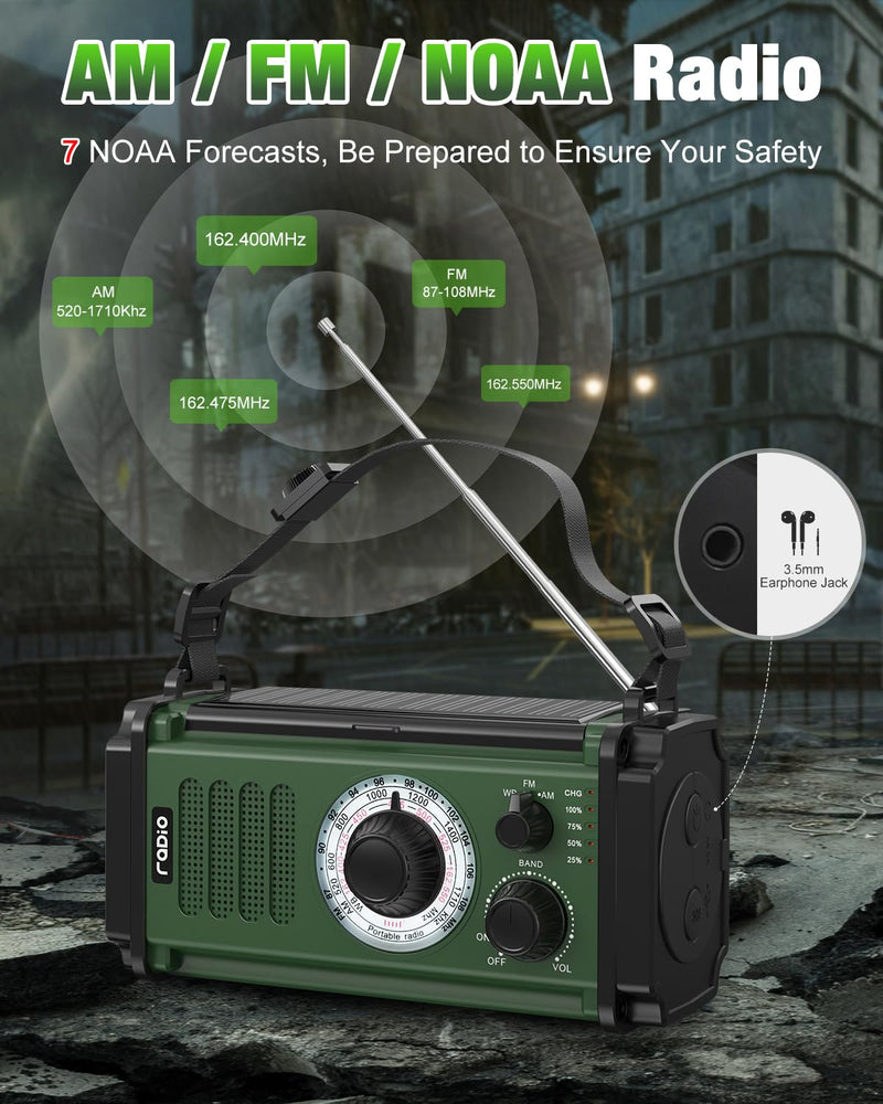 Emergency Radio, Solar Radio, 37000mWh Hand Crank Radio, NOAA AM FM Weather Radio, 5 Charging Methods, Polymer Battery, Flashlight & Reading Lamp, SOS Alarm, Phone Charger for Winter Storm Emergency Dark Green