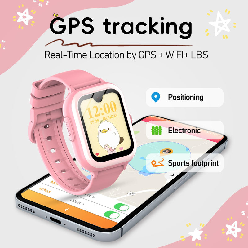 Wonlex 4G GPS Kids Smartwatch with SIM Card, 1.78" AMOLED Large Touch Screen Smart Watch for Kids, Boys Girls Phone Watch with Video Voice Calls, SOS, Camera, Pedometer, Alarm, Game(Pink) Pink