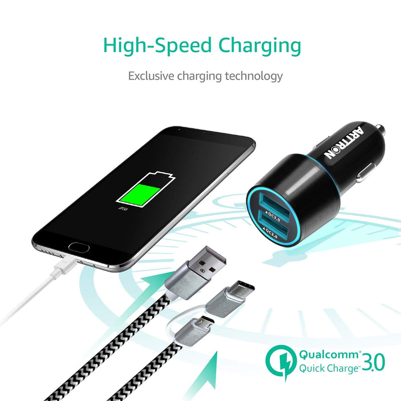 [AUSTRALIA] - 12V-24V Car Cigarette Lighter USB Charger,Arttron Dual Port 24W 4.8A Car Fast Charger Adapter(Premium Alloy Head) with 1X3Ft Type C 2 in 1 Fast Charging&Data-transfer Cable,for Samsung,iphone,Android. Black/grey 