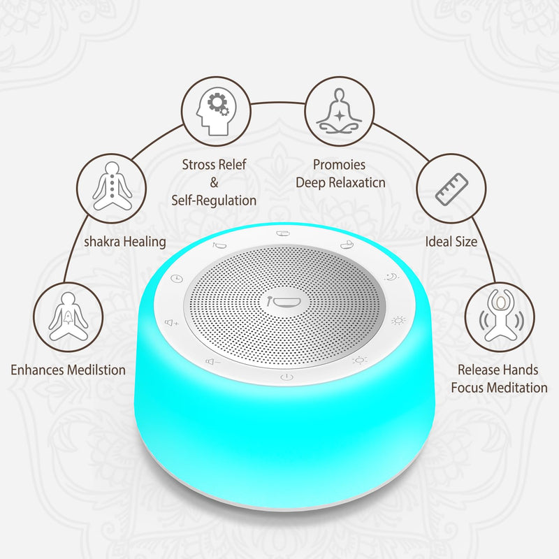 Kipcush Tibetan Singing Bowls Sound Machine - 11 Different Sized Sound Bowls with Night Light for Yoga, Meditation, Mindfulness, Healing, Chakra Healing and Stress Relief, Timer, Plug in Small