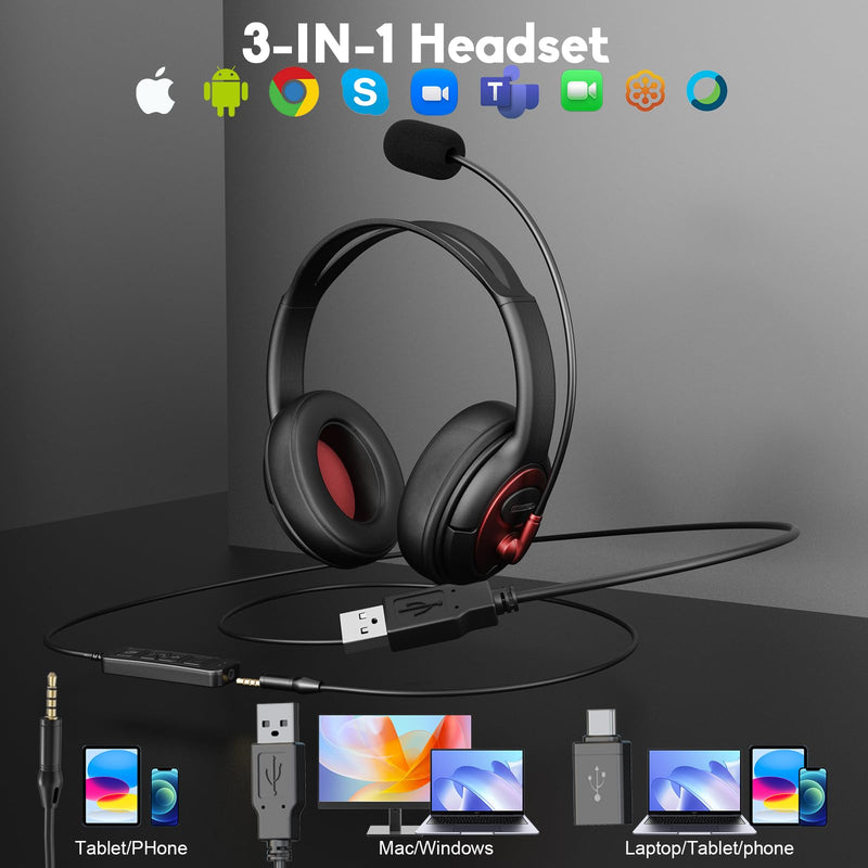 [AUSTRALIA] - MAIRDI USB Headset with Microphone, Type-C/USB/3.5mm Jack 3-in-1 PC Headset, Computer Headset with Mic Noise Canceling for Teams Call Centers Skype Zoom Home Office Dragon Nuance Dictation 