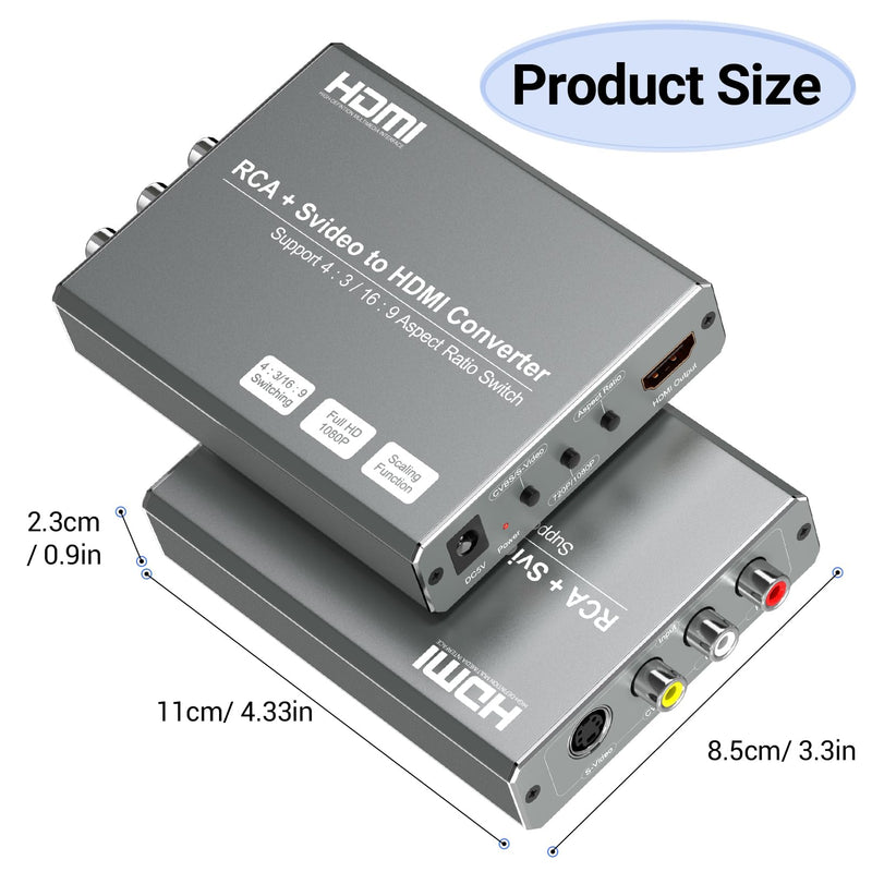 RCA Svideo to HDMI Converter with 4 : 3/16 : 9 Aspect Ratio Switch, S-Video RCA to HDMI Adapter, Support 720P/1080P Output Switch for VHS/VCR/DVD Player/Wii/PS1/PS2/N64/NGC/NES to View on HDMI TVs