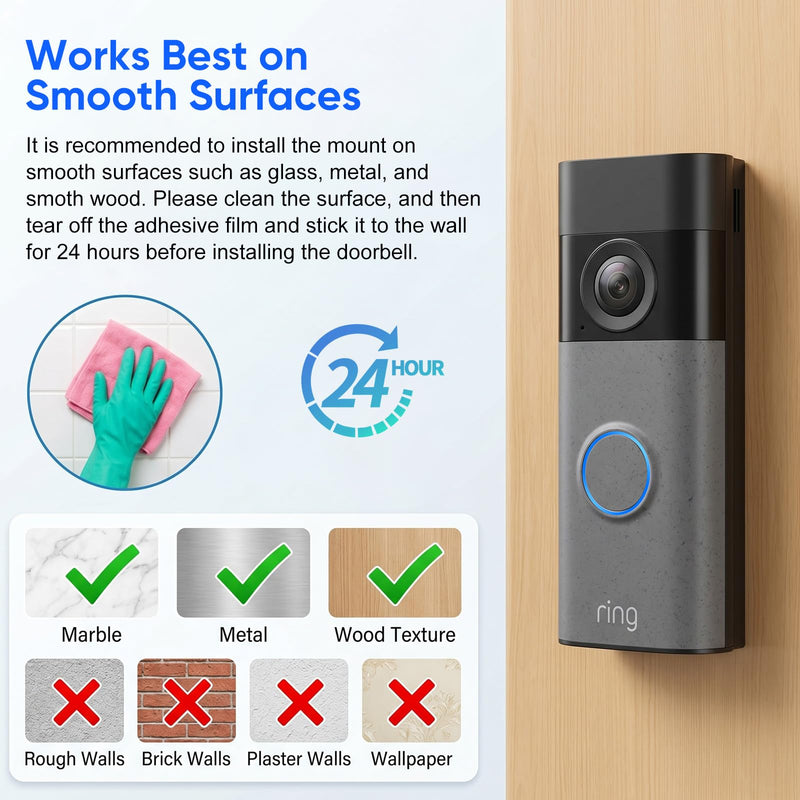 No Drill Mount for Ring Battery Doorbell/Plus/Pro (2nd Gen 2026 Release), Adhesive Mounting Bracket for Ring Camera Doorbell, Metal Doorbell Wall Holder for Apartments/Office/Rental, Easy to Install