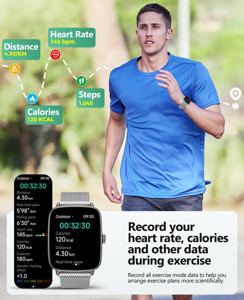SOUYIE Smart Watches for Women Men, 1.85" AI Voice Smartwatch, 24/7 Heart Rate Monitor, Stress/SpO2/Sleep Tracker, IP68 Waterproof, Weather, 100+ Sports Fitness Tracker for Android iOS Silver Metal