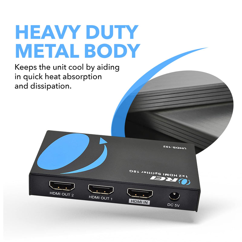 OREI UltraHD 4K @ 60 Hz 1 X 2 HDMI Splitter 1 in 2 Out 2 Port 2: 8-Bit - HDMI 2.0, HDCP 2.0, 18 Gbps, EDID, Duplicate / Mirror 4K Screens - UHDS-102 1x2