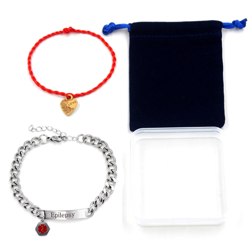 Uloveido Red Medical ID Bracelet | White/Black Cuban Chain Bracelets | Custom Medical Alarm Jewellery for Men Women | Waterproof Stainless Steel Bracelet YA5169 White Epilepsy