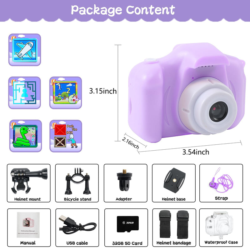 Kids Camera Waterproof Underwater Camera for 3-12 Year Old Boys Girls 2 Inch IPS Screen 1080P HD Digital Kids Video Camera Indoor Outdoor Action Cameras Best Christmas Birthday Gifts Purple