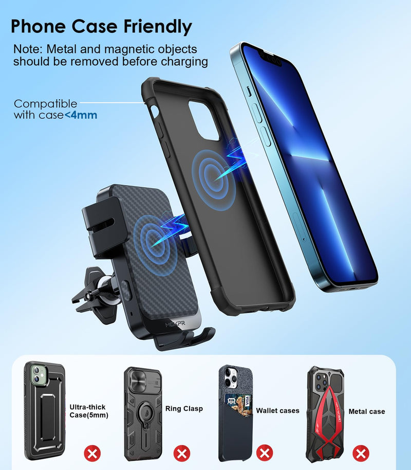 Wireless Car Charger, MOKPR 15W Fast Charging Auto-Clamping Car Charger Phone Mount Air Vent Cell Phone Holder Compatible iPhone 15/14/13/13 Pro/12 pro/12/11/X/8, Samsung Galaxy S23/S22/S21/S20, etc Black