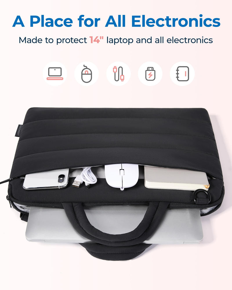 BAGSMART 13-14 Inch Laptop Sleeve with Pocket Puffy Laptop Case for Work | Quilted Laptop Bag for Women with Strap, Portable M5 Macbook Air 13/Pro 14, HP, Dell, Lenovo, ASUS for Trip S-Black 13.3-14 inch