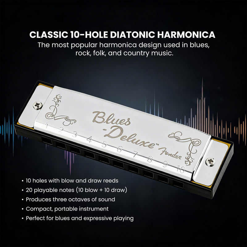 Fender Blues Deluxe Harmonica - Key of C Bundle with Carrying Case, Austin Bazaar Online Manual, and Polishing Cloth